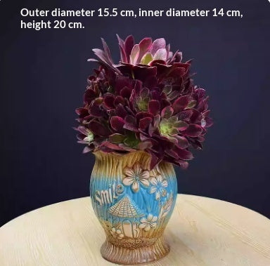 Stoneware Floral Relief Planter, Retro Rough-Fired Pot