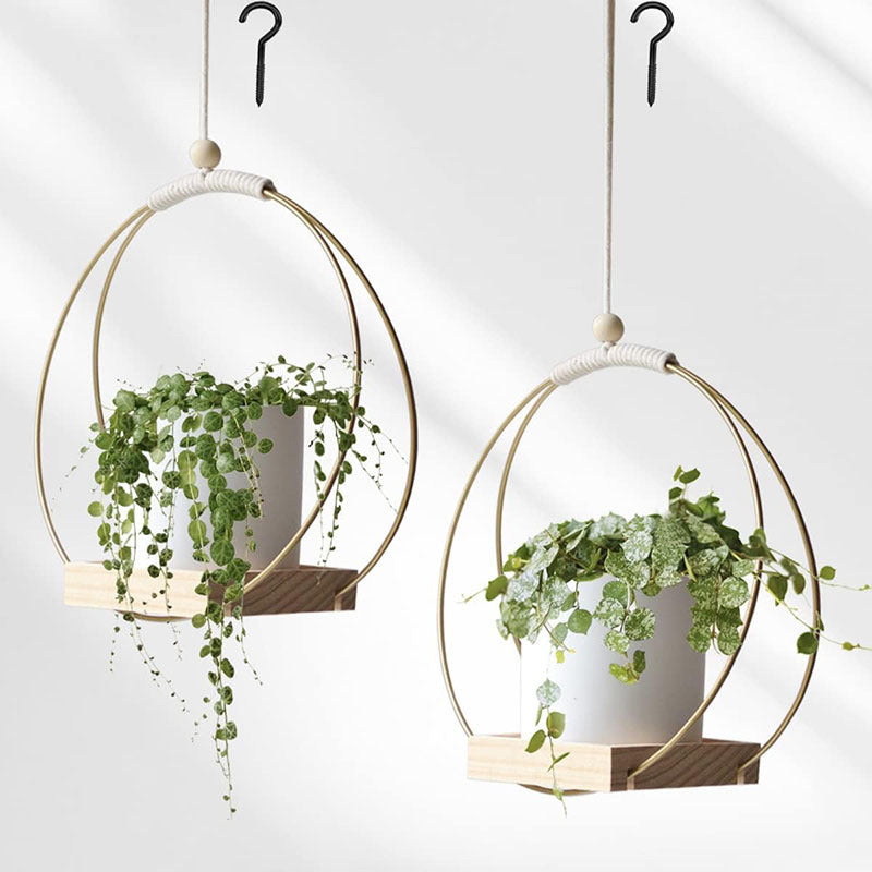 Geometric Hanging Planter, Metal Frame with Wood Base