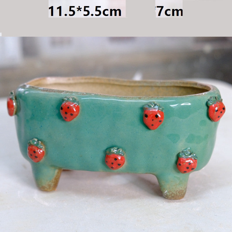 Strawberry Succulent Pot, Hand-Painted Stoneware