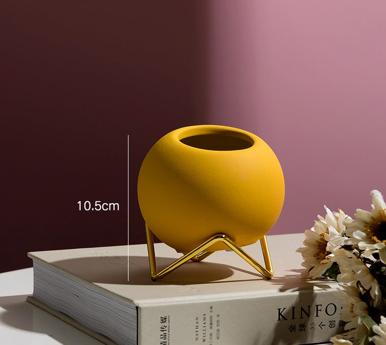 Ceramic Planter with Gold Stand, 4.1" Glazed Pot