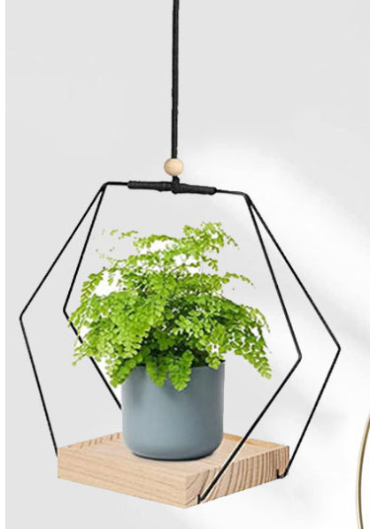 Geometric Hanging Planter, Metal Frame with Wood Base