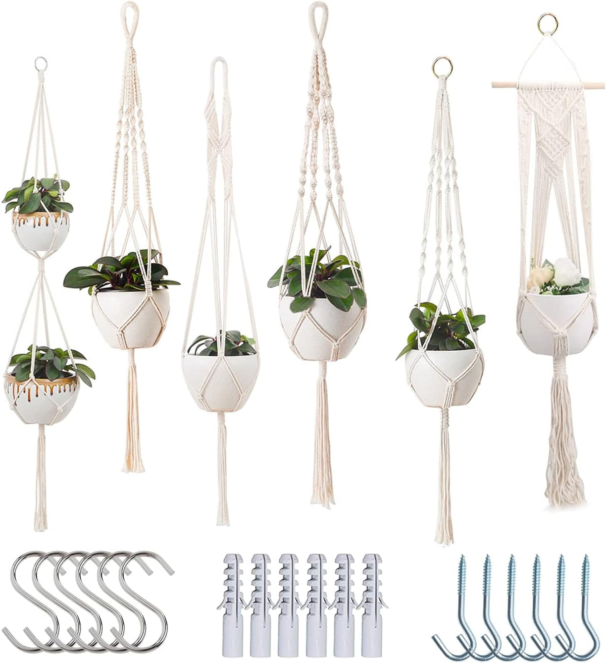 Macrame Plant Hangers 6 Pack, Large Handmade with Hooks