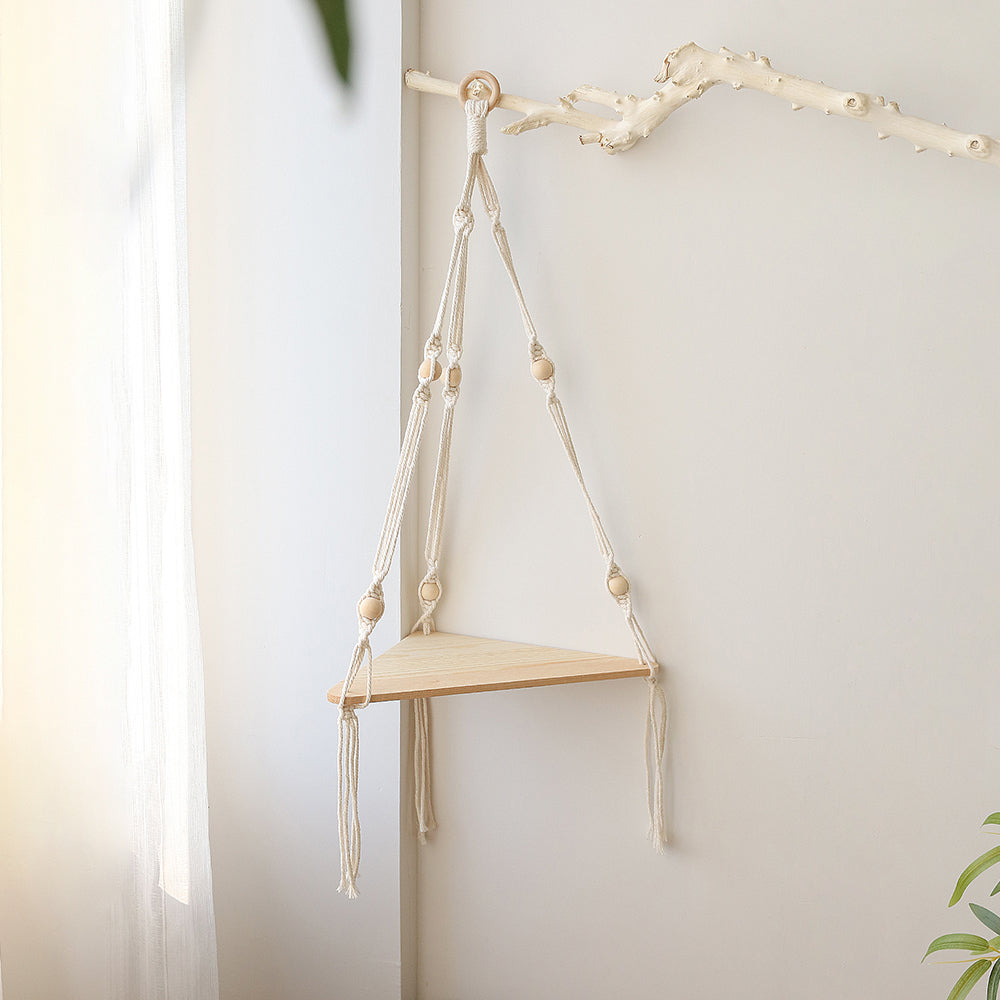 Macrame Wall Hanging Shelf, Boho Wood Plant Display