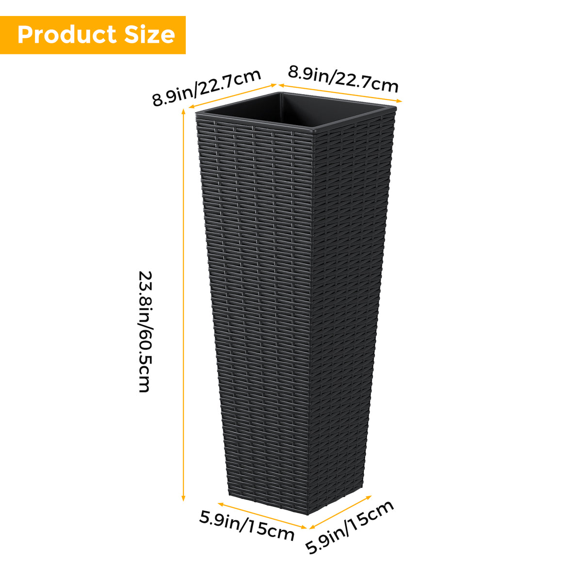Tall Planters Set of 2, Black Rattan Look Resin Pots