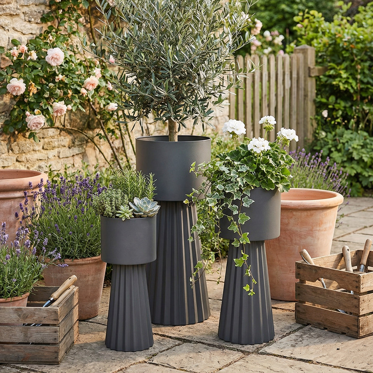 Tall Metal Planters with Stands, Set of 3 Dark Gray