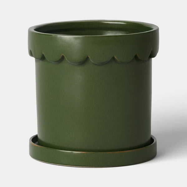 Scalloped Ceramic Planter 8", Green Glazed Indoor Pot