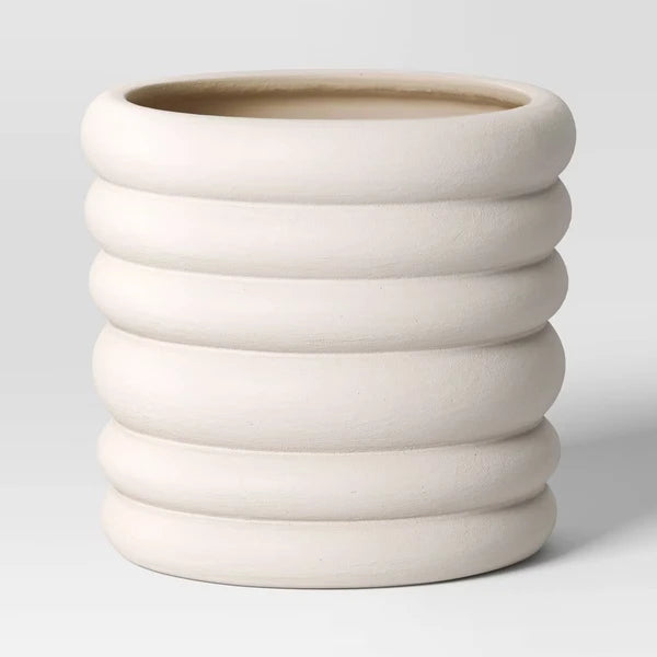 Banded Stoneware Planter 8" with Drainage, White or Gray