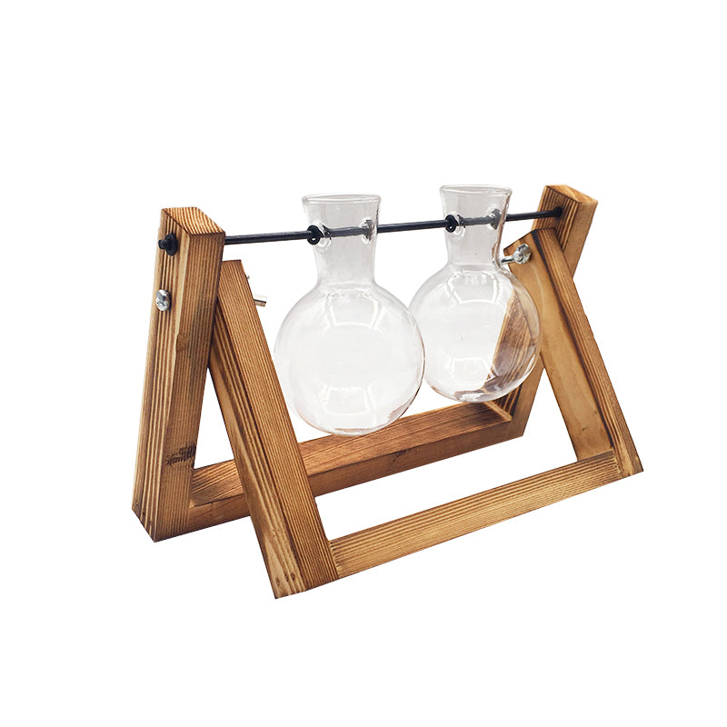 Hydroponic Glass Vase in Swing Wood Stand, 1 or 2 Bulbs