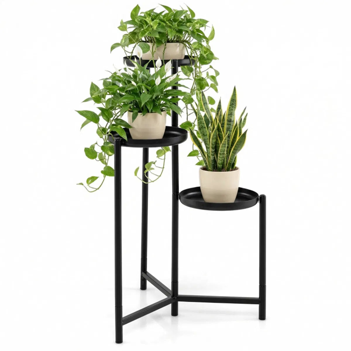 3-Tier Corner Plant Stand, Black Metal Staggered Shelf