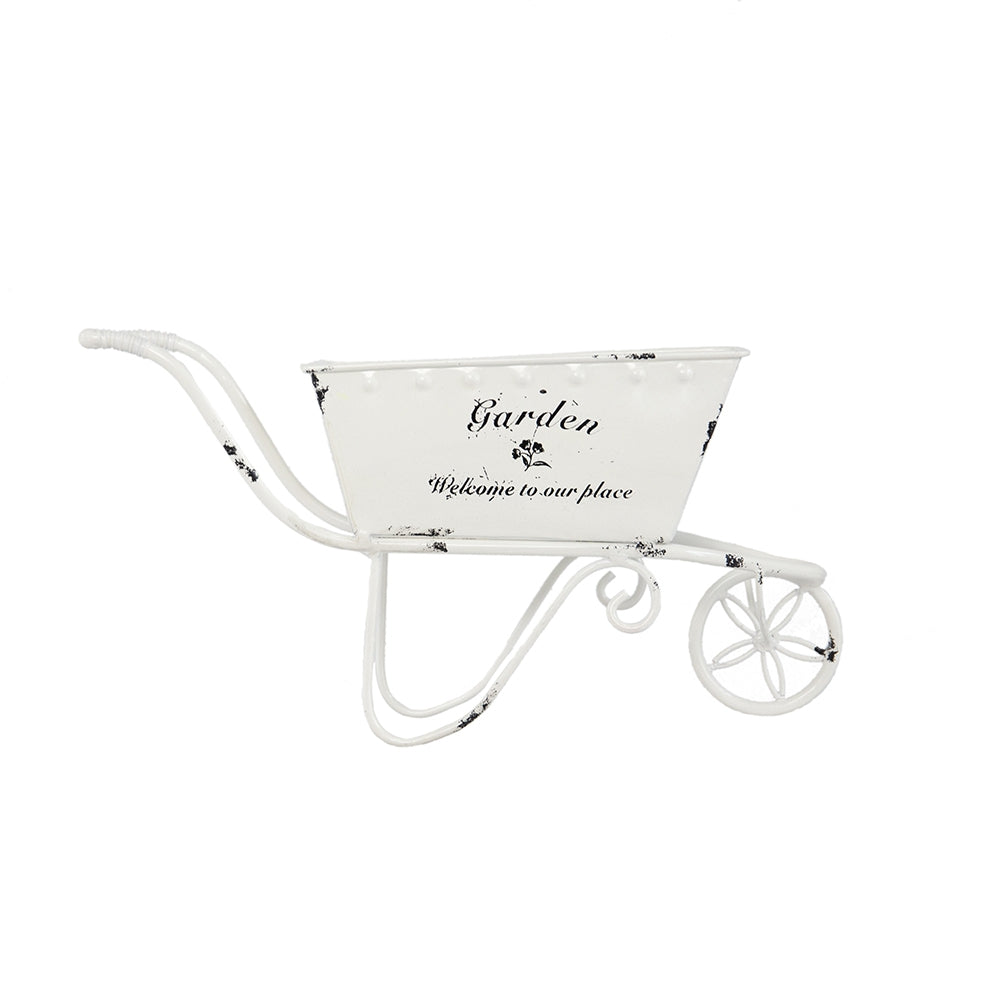 Wheelbarrow Planter, Distressed White Metal Tabletop Decor
