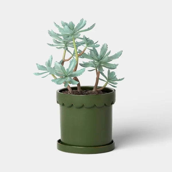 Scalloped Ceramic Planter 8", Green Glazed Indoor Pot