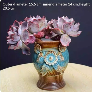 Stoneware Floral Relief Planter, Retro Rough-Fired Pot