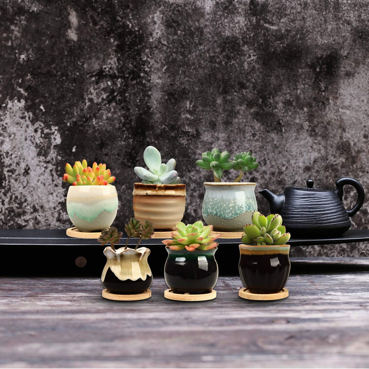 Mini Succulent Pots Set of 6, 2" Ceramic Flowing Glaze