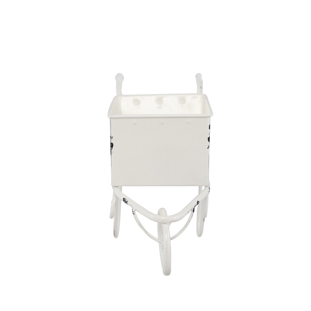 Wheelbarrow Planter, Distressed White Metal Tabletop Decor