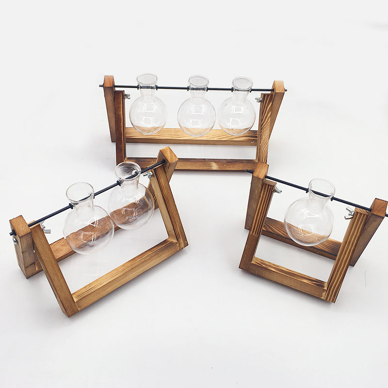 Hydroponic Glass Vase in Swing Wood Stand, 1 or 2 Bulbs