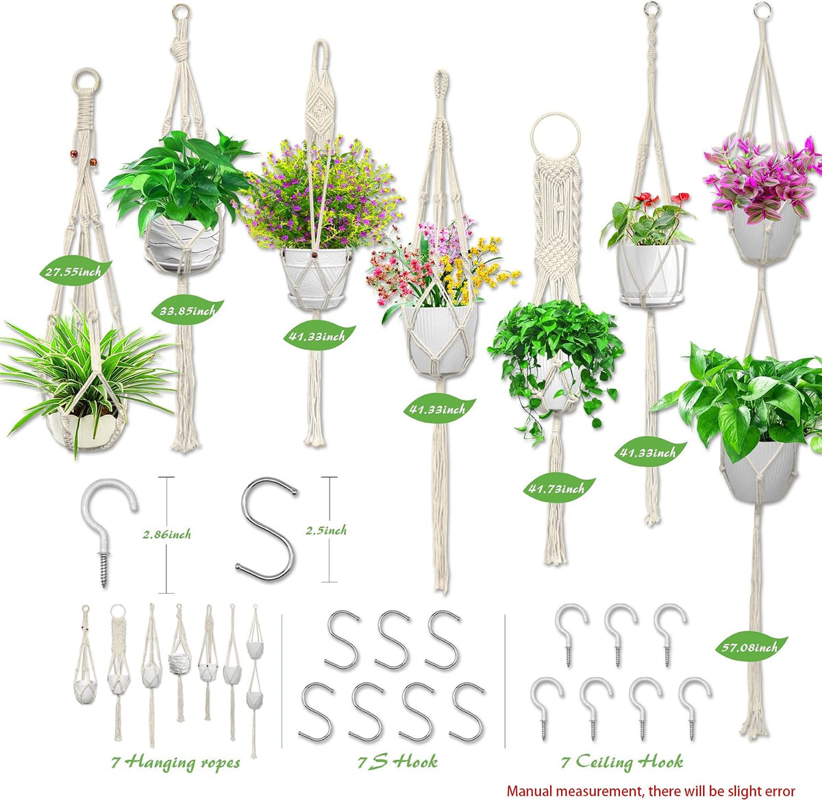 Macrame Plant Hangers 7 Pack with Hooks, Boho Style