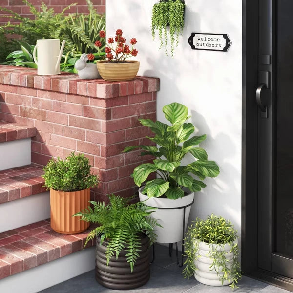 Banded Stoneware Planter 8" with Drainage, White or Gray