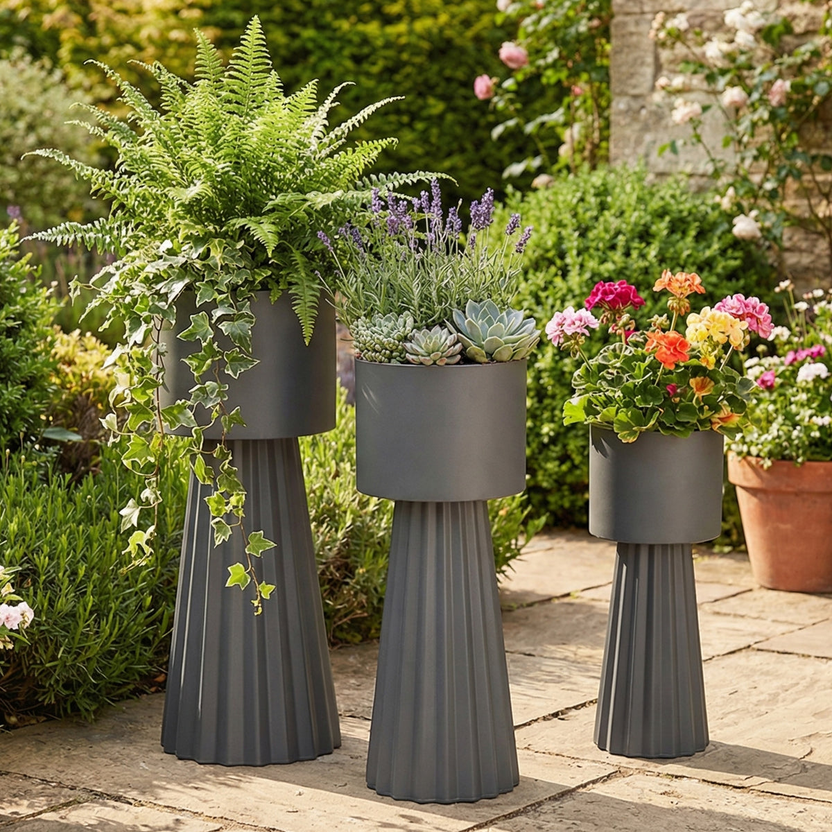 Tall Metal Planters with Stands, Set of 3 Dark Gray