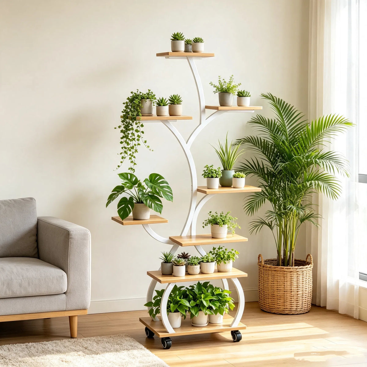 Tree Plant Stand with Grow Light, 8-Tier White and Oak