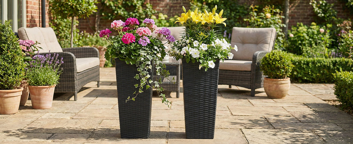 Tall Planters Set of 2, Black Rattan Look Resin Pots