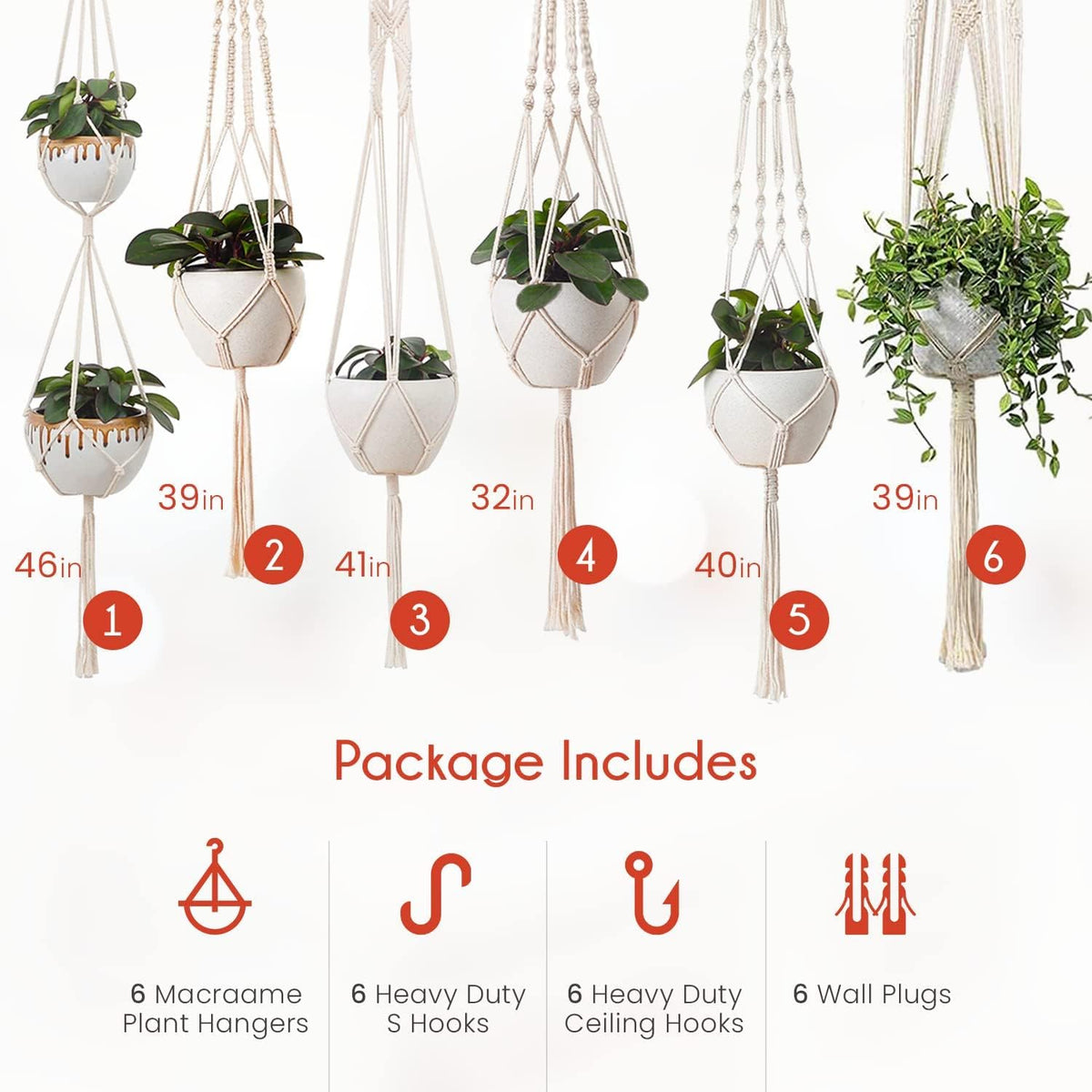 Macrame Plant Hangers 6 Pack, Large Handmade with Hooks