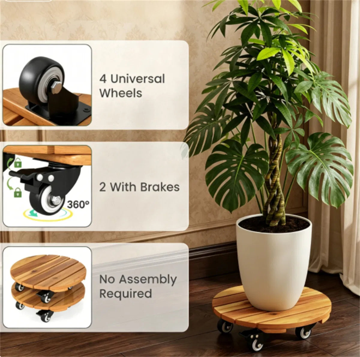 Wooden Plant Caddy with Wheels, Set of 2 Acacia Movers