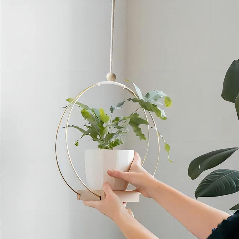 Geometric Hanging Planter, Metal Frame with Wood Base
