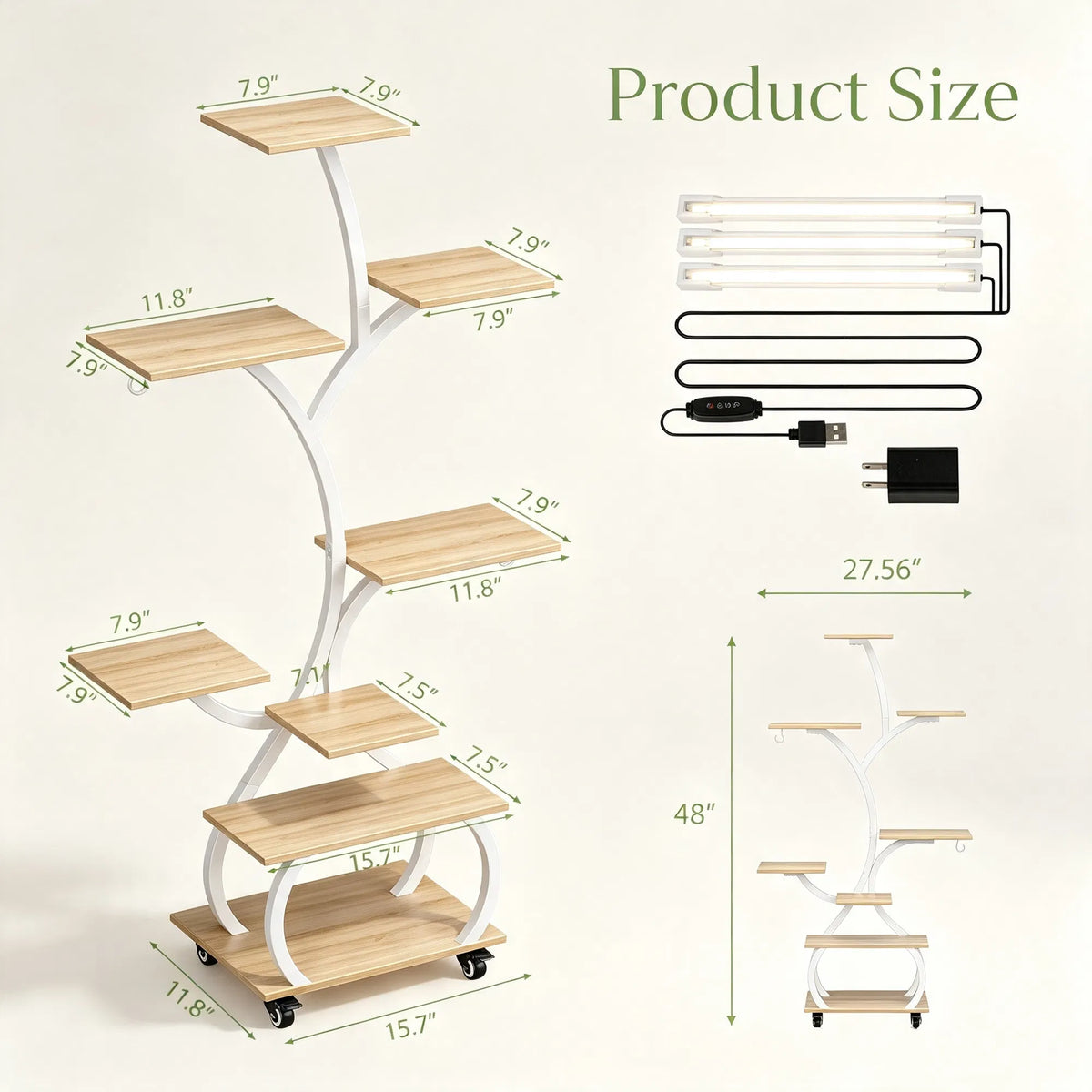Tree Plant Stand with Grow Light, 8-Tier White and Oak