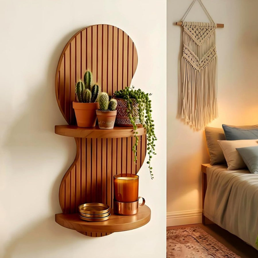 Floating Wall Plant Shelf, 2-Tier Solid Wood Display