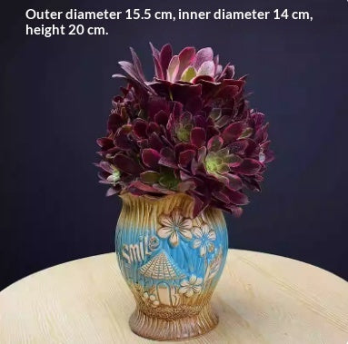 Stoneware Floral Relief Planter, Retro Rough-Fired Pot