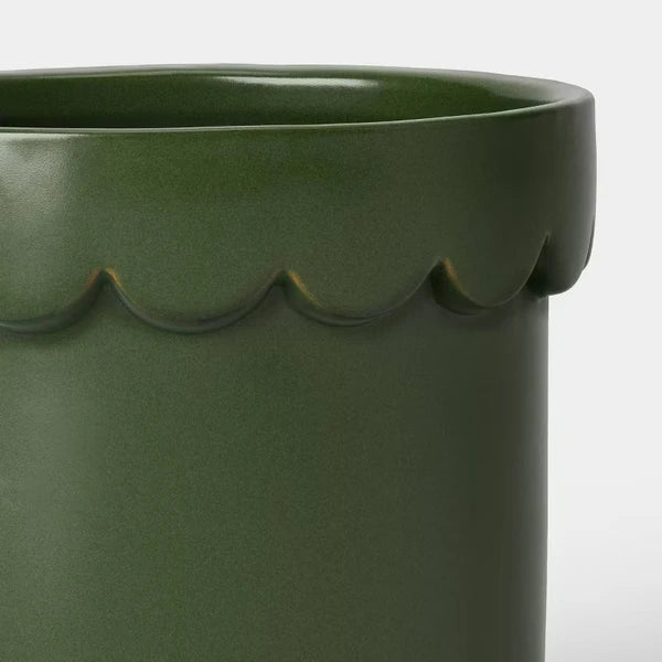 Scalloped Ceramic Planter 8", Green Glazed Indoor Pot