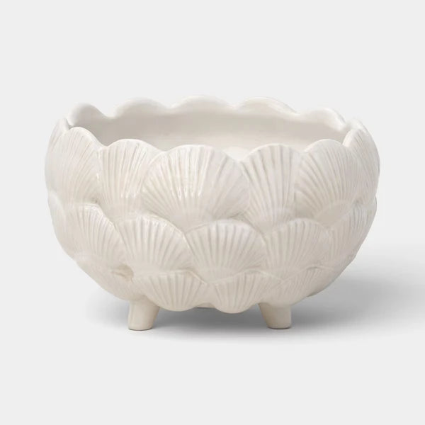 Clam Shell Ceramic Planter 8", Ivory Footed Flower Pot