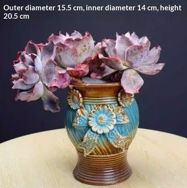 Stoneware Floral Relief Planter, Retro Rough-Fired Pot