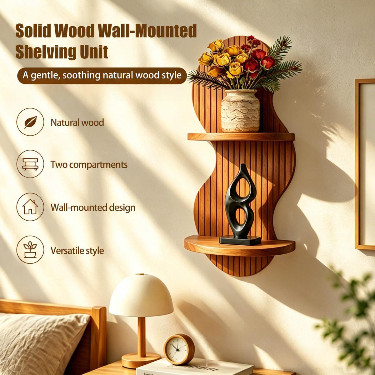 Floating Wall Plant Shelf, 2-Tier Solid Wood Display