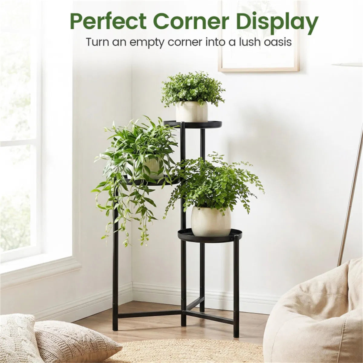 3-Tier Corner Plant Stand, Black Metal Staggered Shelf
