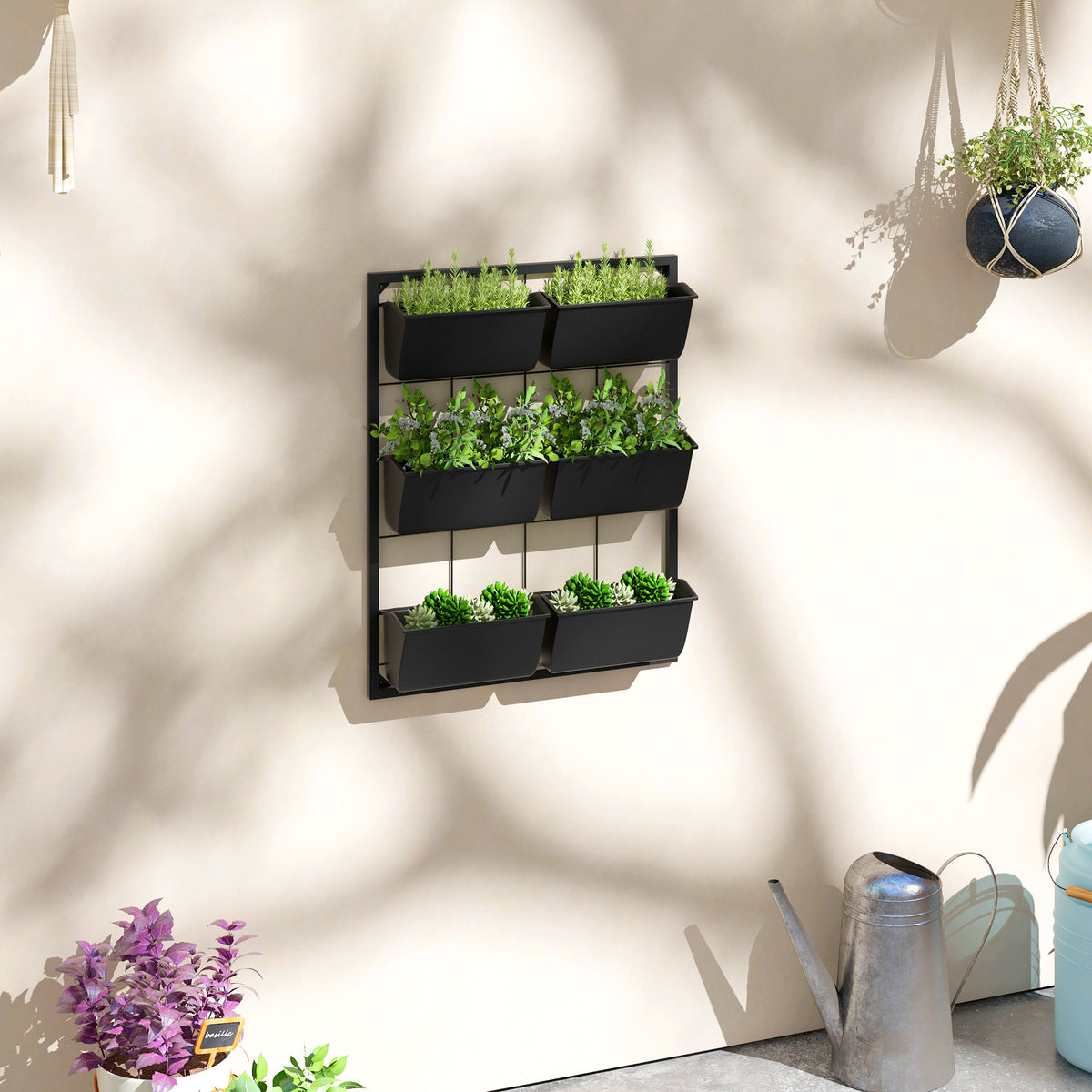 3-Tier Wall Planter with 6 Pots, Black Hanging Garden