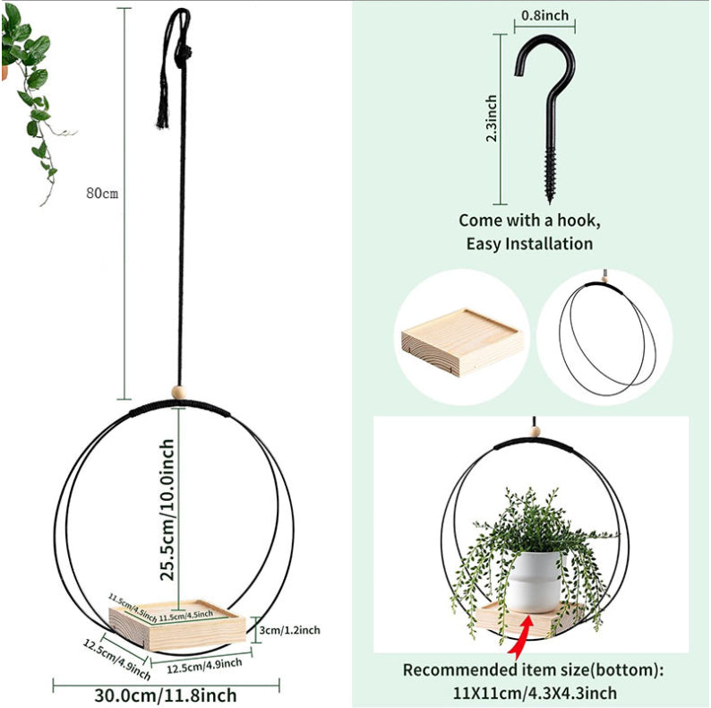Geometric Hanging Planter, Metal Frame with Wood Base