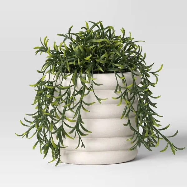 Banded Stoneware Planter 8" with Drainage, White or Gray