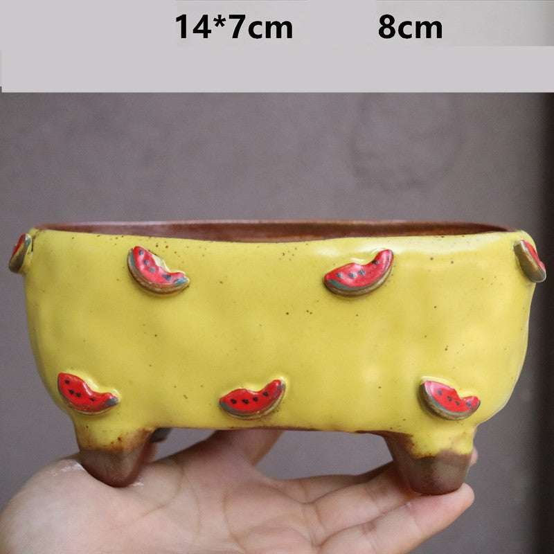 Strawberry Succulent Pot, Hand-Painted Stoneware