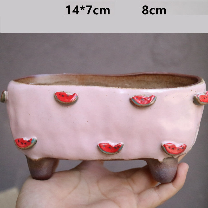 Strawberry Succulent Pot, Hand-Painted Stoneware