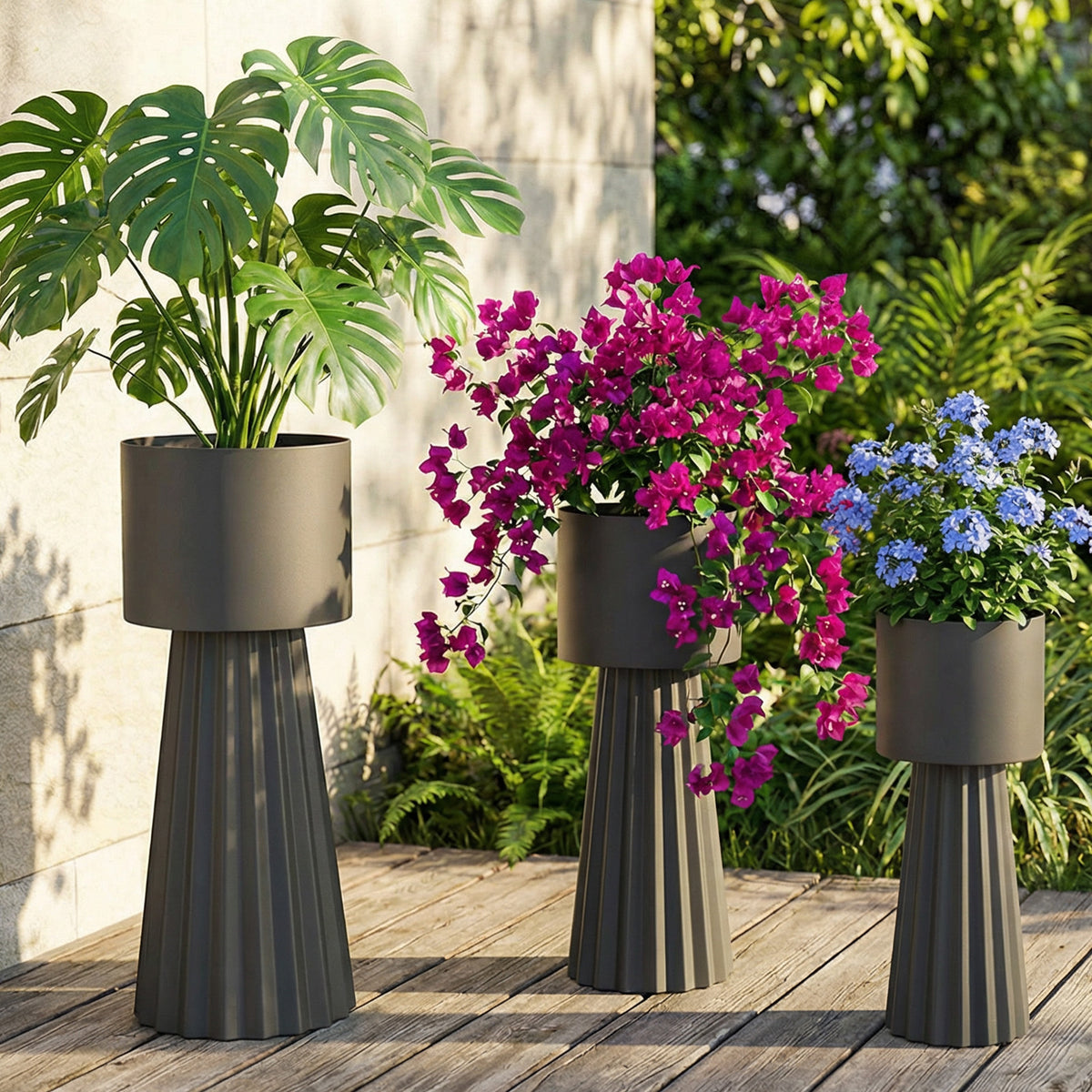 Tall Metal Planters with Stands, Set of 3 Dark Gray