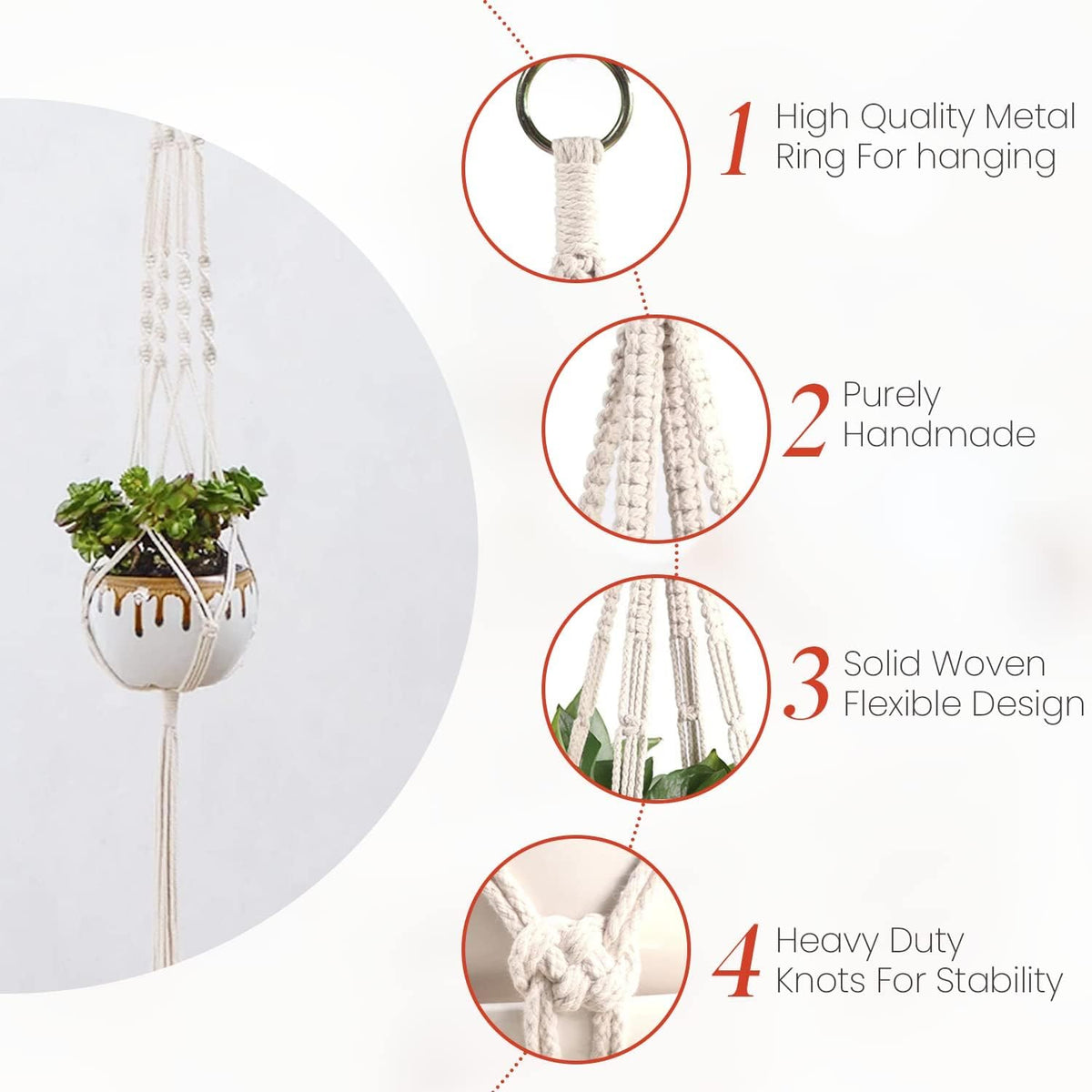 Macrame Plant Hangers 6 Pack, Large Handmade with Hooks