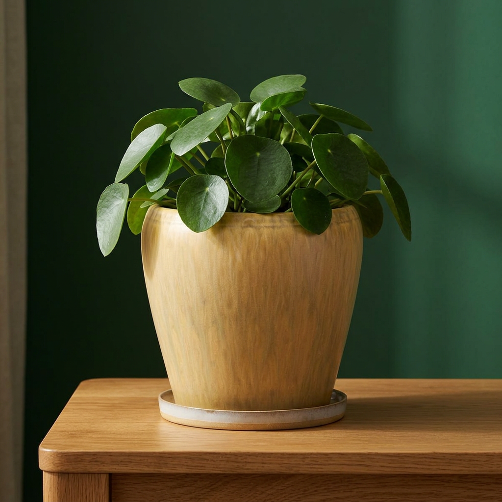 Reactive glaze ceramic planter with a pilea on a wooden side table