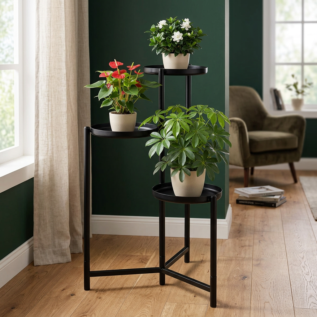 3-Tier Corner Plant Stand, Black Metal Staggered Shelf
