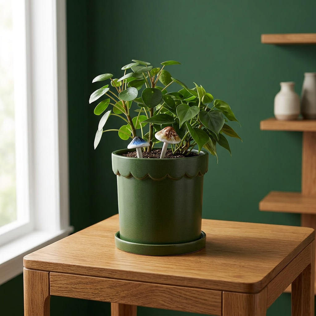 Scalloped Ceramic Planter 8", Green Glazed Indoor Pot