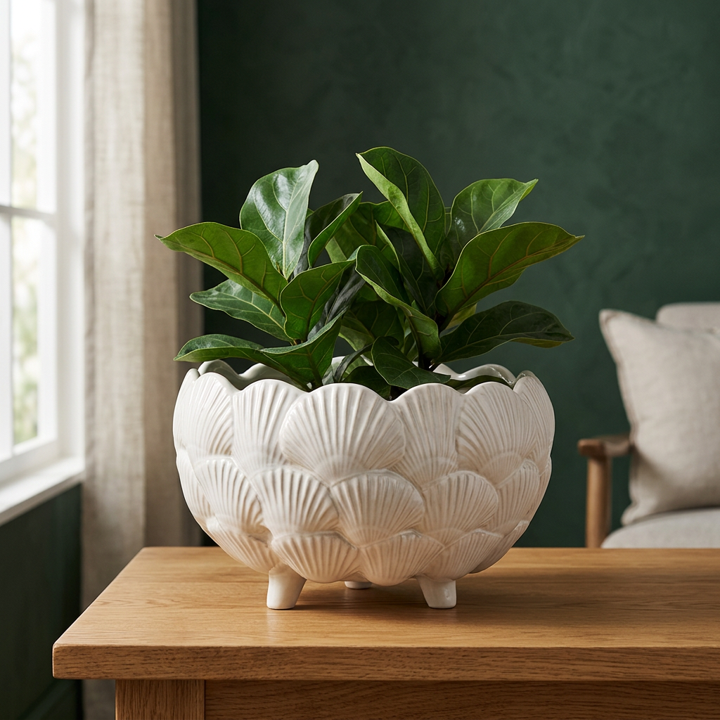 Clam Shell Ceramic Planter 8", Ivory Footed Flower Pot