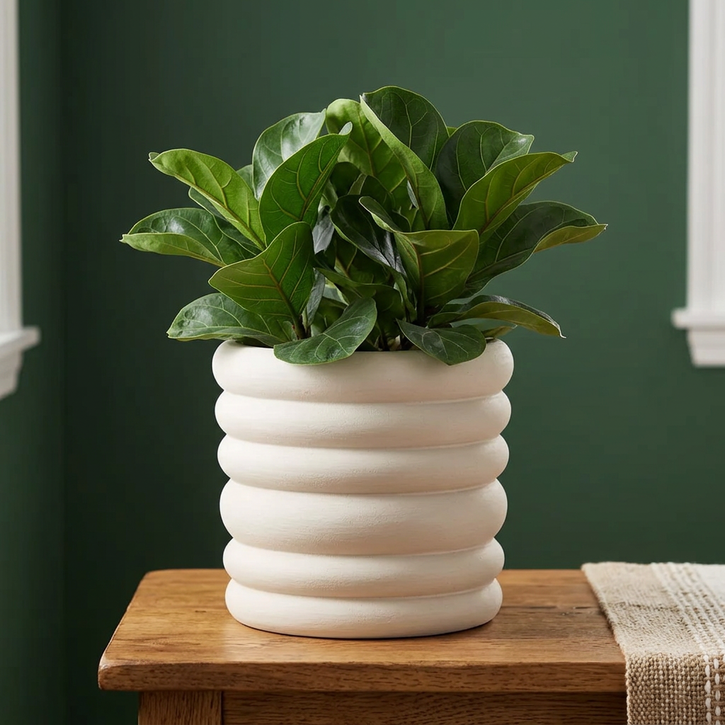 Banded Stoneware Planter 8" with Drainage, White or Gray