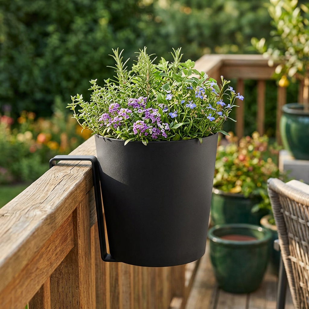 Railing Planter Self-Watering, Black Recycled Resin Pot