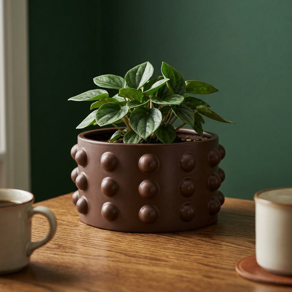 Textured Planter Pot 5", Matte Brown Sculptural Design
