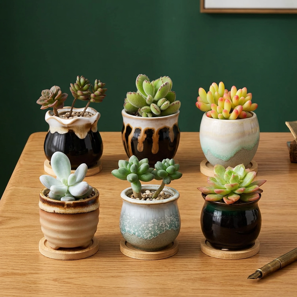 Mini Succulent Pots Set of 6, 2" Ceramic Flowing Glaze